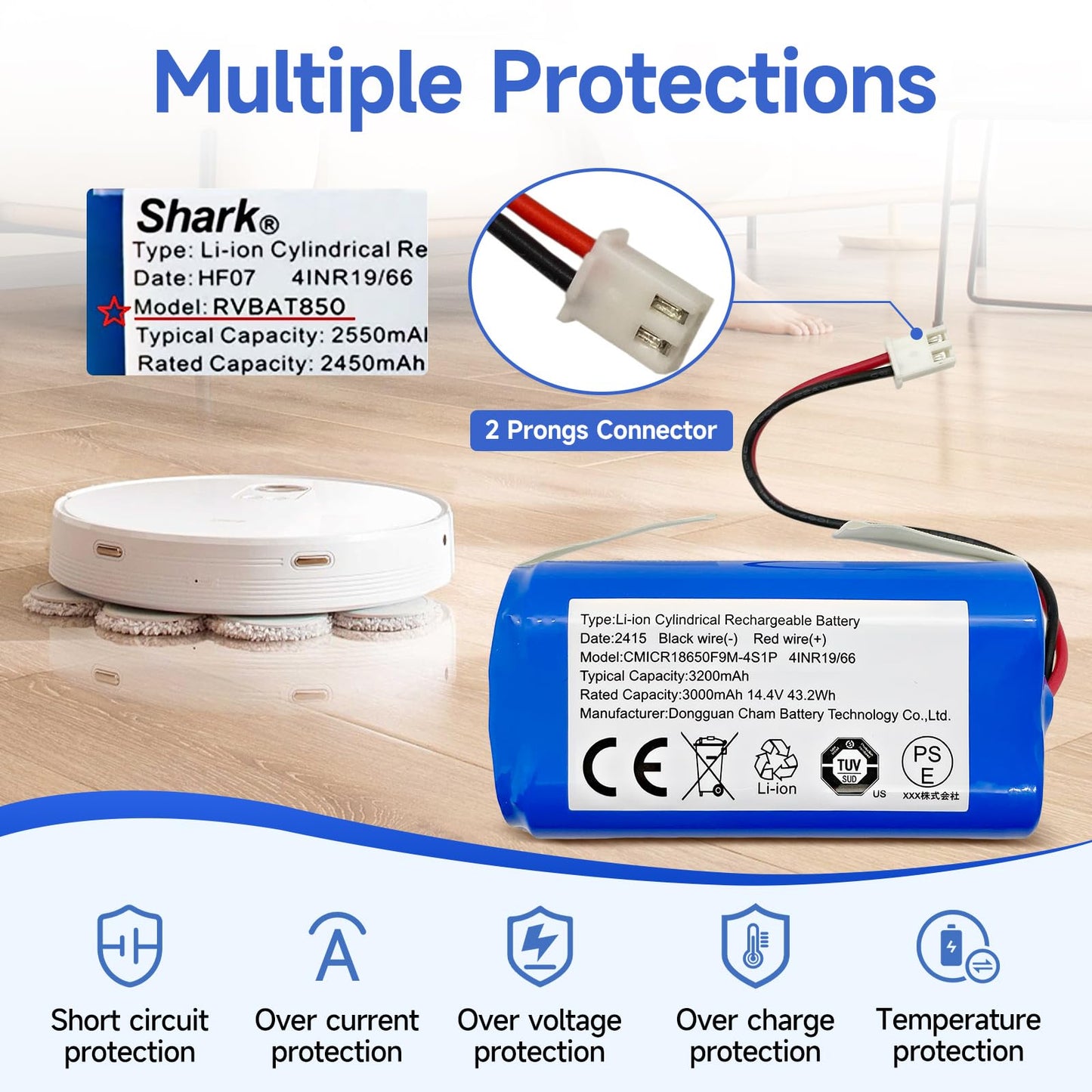 Replacement Shark RVBAT850 Battery for Shark Ion R75 R85 RV850 S87 AV752 AV751 RV761 RV851WV RV871 RV1000S RV1100VL RV101AE UR1000SR vacuum 3200mAh 14.4v/14.8v OEManufacturer CHAM (2-Prong Connector)