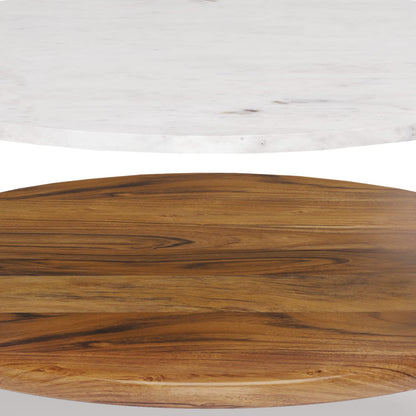 SIMPLIHOME Wagner Coffee Table - 30 inch Wide Solid Acacia Wood and Genuine Marble Round Living Room Table in White and Natural, Mid-Century Modern Table for Family Room with Gold Metal Base and Legs