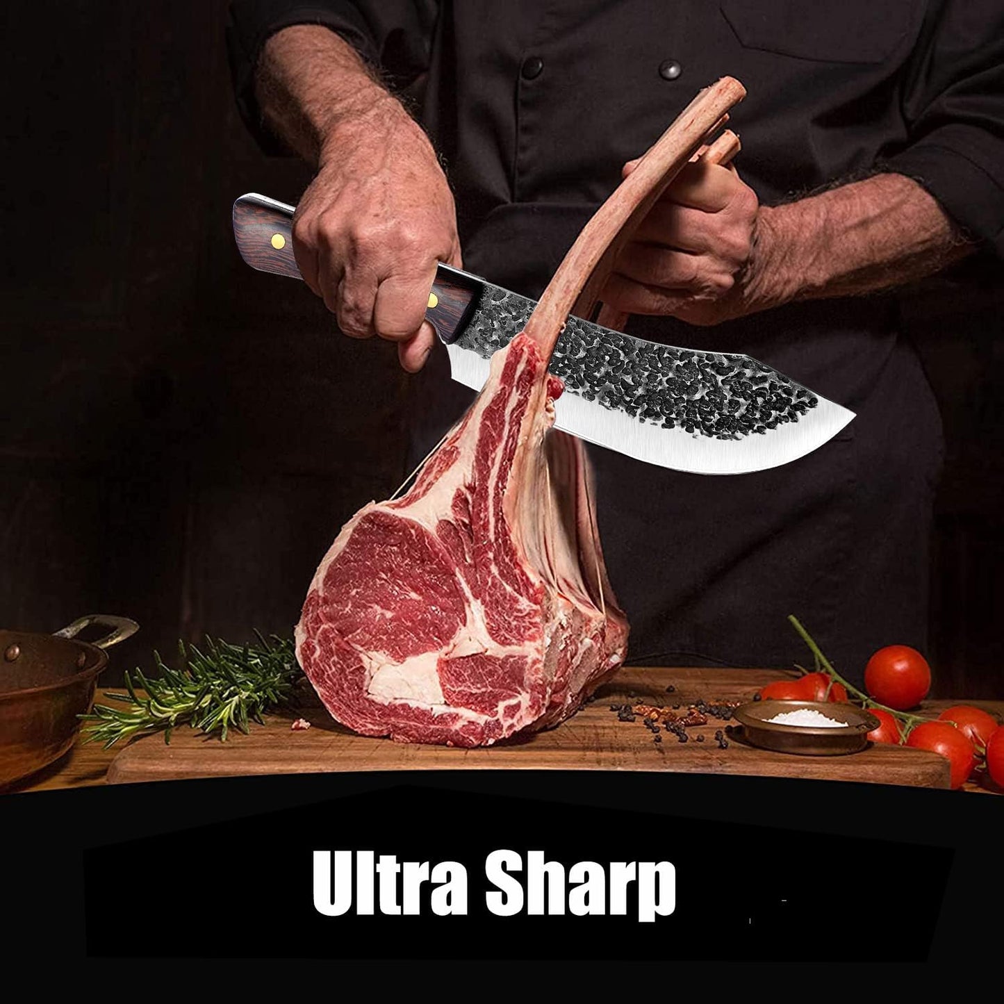ROCOCO Butcher Knife, Hand Forged 7" Sharp Full Tang Kitchen Meat Cleaver for Home and Outdoor Cooking