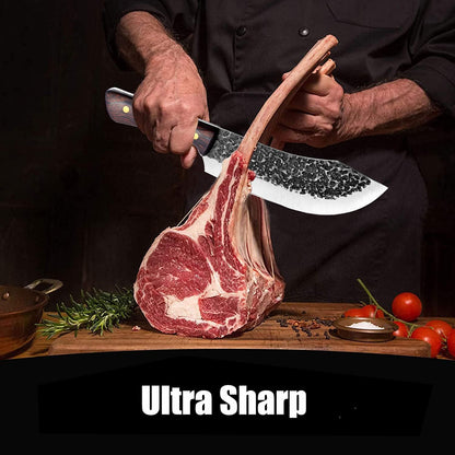 ROCOCO Butcher Knife, Hand Forged 7" Sharp Full Tang Kitchen Meat Cleaver for Home and Outdoor Cooking