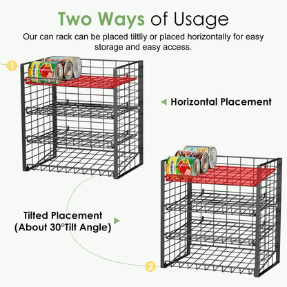 JKsmart 2-Tier Stackable Can Rack Organizer for Pantry, Adjustable Can Dispenser Holds Up to 62 Cans, Can Storage Holder for Various Ounces of Canned Food Soda Drinks, Black, 2 Pack (Petent Pending)