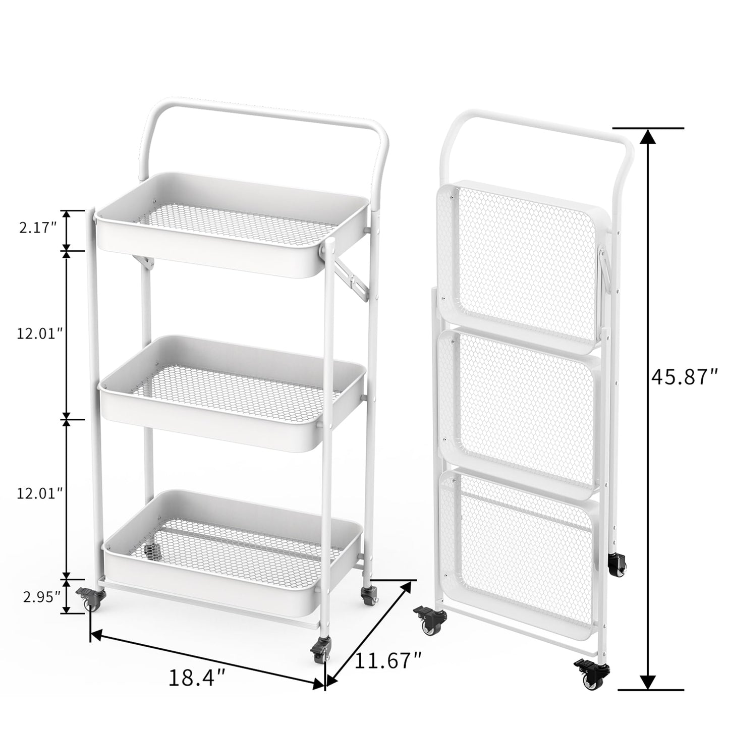JAQ Foldable Rolling Cart, 3-Tier No Assembly Metal Utility Cart with Handle, Heavy Duty Folding Storage Trolley Organizer on Wheels for Kitchen, Office, Craft Art, Baby Diaper, Snacks, Books, White