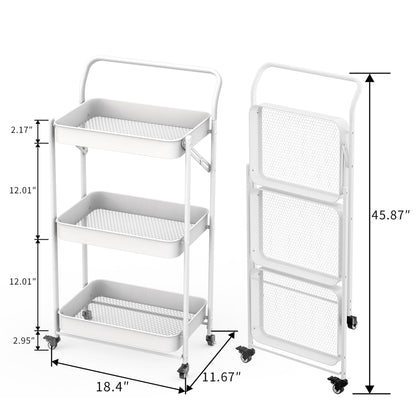 JAQ Foldable Rolling Cart, 3-Tier No Assembly Metal Utility Cart with Handle, Heavy Duty Folding Storage Trolley Organizer on Wheels for Kitchen, Office, Craft Art, Baby Diaper, Snacks, Books, White