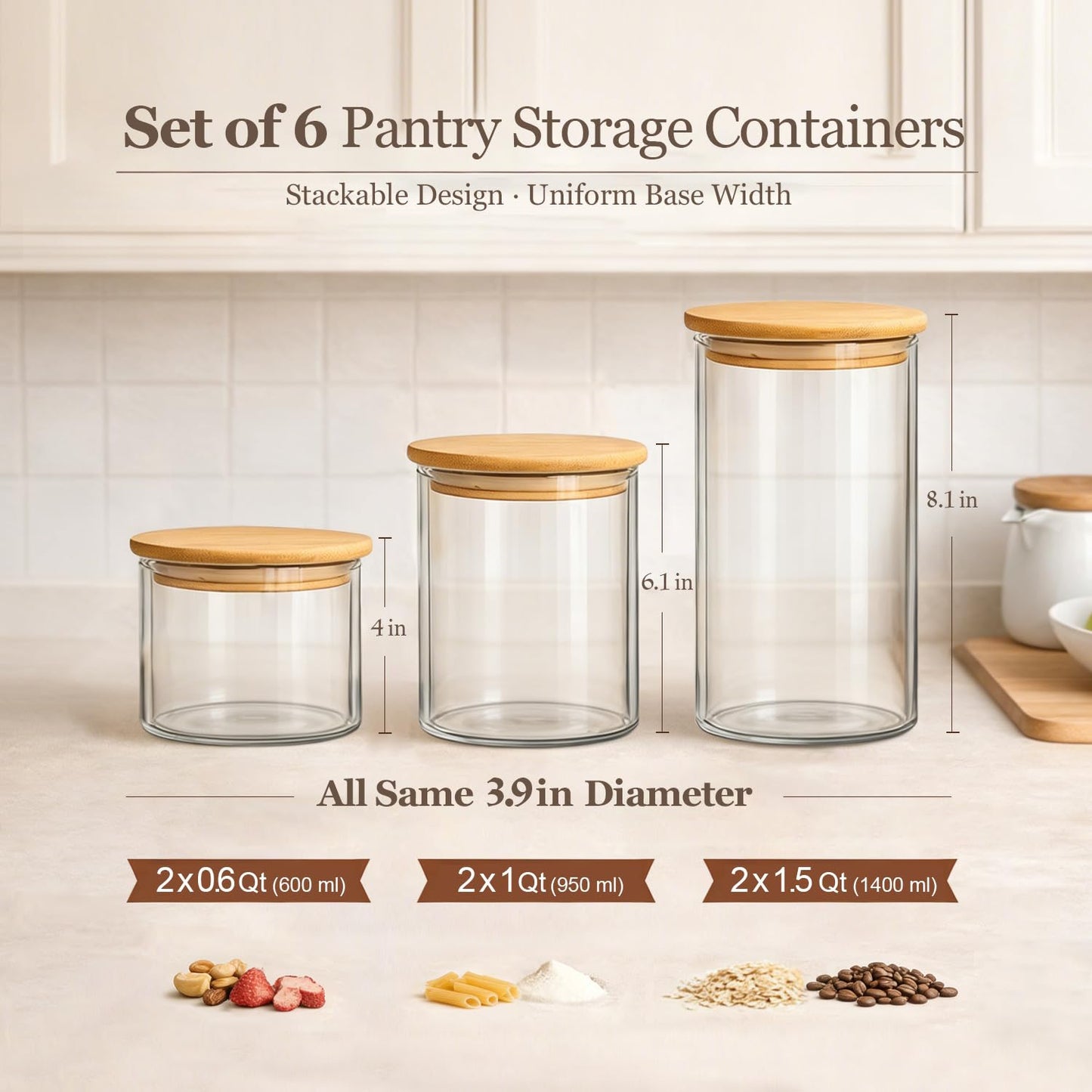 ComSaf Glass Storage Containers with Lids (0.6qt/1qt/1.5qt) Set of 6,Glass Pantry Storage Containers with Airtight Lid & lables for Dry Food, Snacks, Nuts, Stackable for Kitchen, Pantry Organization