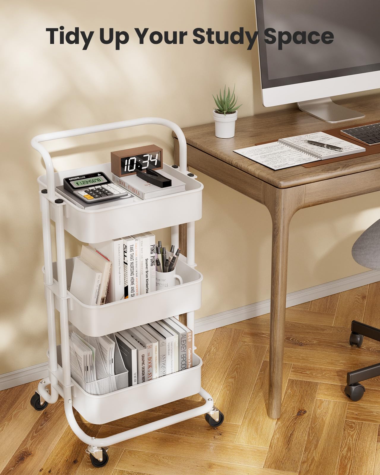 Pipishell 3 Tier Rolling Cart, Metal Utility Cart with Wheels and Handle, Rolling Storage Cart for Nursery Room, Living Room, Painting Room, Office and Kitchen, White