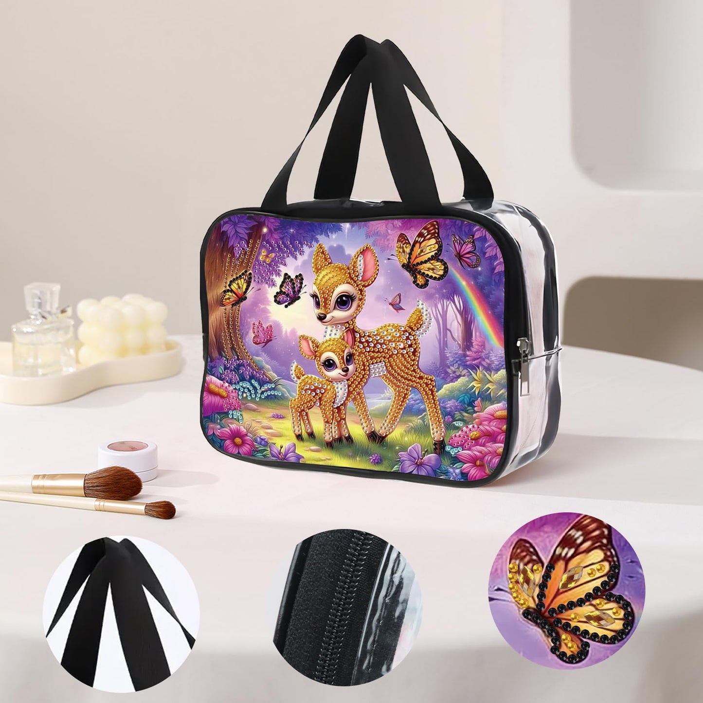 DIY diamond painting makeup bag kit, forest deer pattern sequined makeup storage bag with zipper, portable travel toiletries bag, as a handmade creative gift
