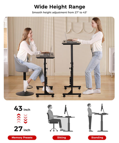 KLSMYHOKI Portable Standing Desk Adjustable Height, Small Computer, Laptop, Mobile Stand Up Rolling Desk with Wheels, Table for Home Office, 16"x31.5" Height 27"-43.5", White