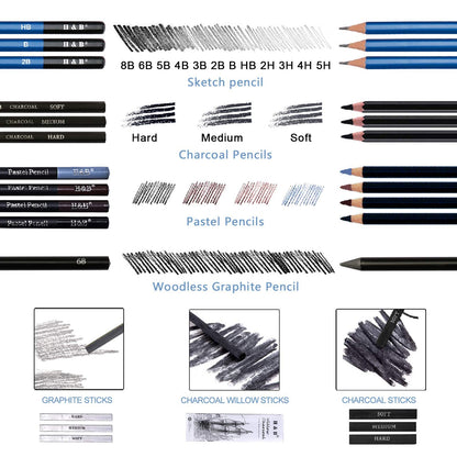 H & B 40 Piece Professional Sketch Pencil Drawing Kit,Complete Artist Kit, Including Graphite Pencils, Pastels, Sharpener and Eraser