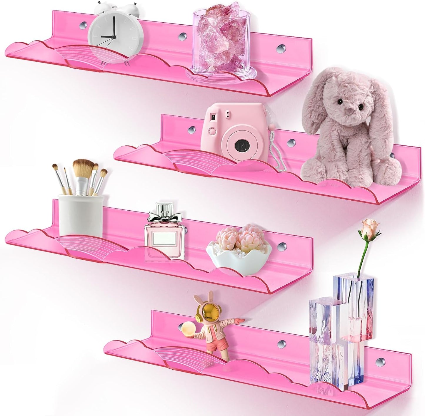 15in 4 Pack, Rainbow Acrylic Floating Shelves, Kids Wall Mounted Nursery Bookshelves, Display Ledge for Books Toys