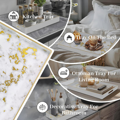 15.8" 10.2" 1.4" MAONAME White Decorative Tray with Handles, Plastic Serving Tray for Coffee Table, Marbling