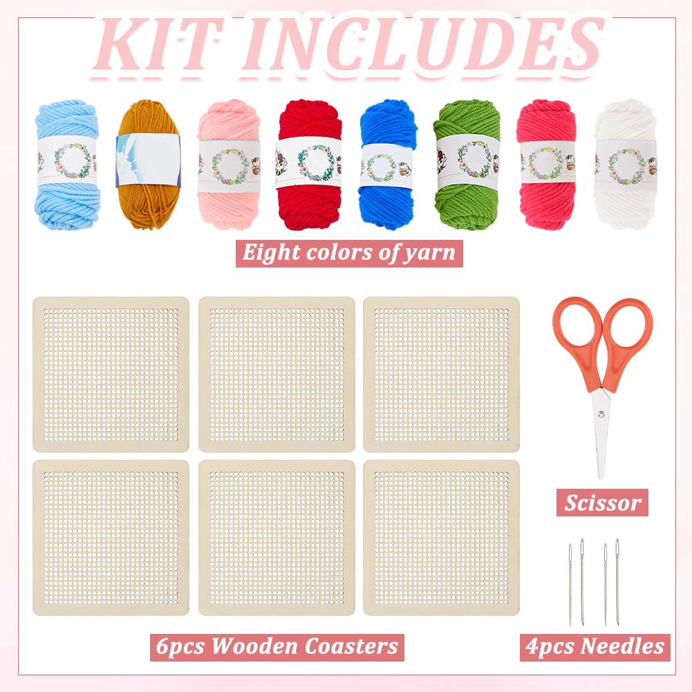 INFUNLY 6 Set Boho Coaster Needlepoint Kit 3.9x3.9 Wooden Rainbow Art Work Embroidery Kit Embroidery Needle Coasters Crafts Adult Mug Rug Making Kit for Beginners Mushroom Mug Rug Making Kit