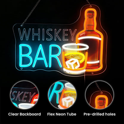 Whiskey Bar Neon Sign, LED Sign for Man Cave Decor, Neon Bar Signs for Home Bar, Bar Wall Art, Cool Whiskey Gifts for Men, Dimmable UV Printed Light Sign, 14.2 x 11.4 In
