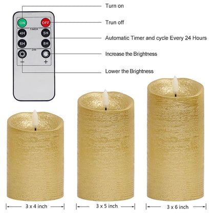 COVEGE Gold Flameless Candles with Remote, Flickering Real Wax Battery Operated Candles with Timer, Set of 3 LED Pillar Candlesfor Home Room Decor Christmas Decoration