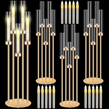 Tandefio 4 Set 5 Arm Gold Candelabra Centerpieces for Table, 35'' Tall Wedding Metal Candlestick Floor Holder Acrylic Clear Lampshades with 20 LED Candles for Wedding Party Event Table Fireplace Decor