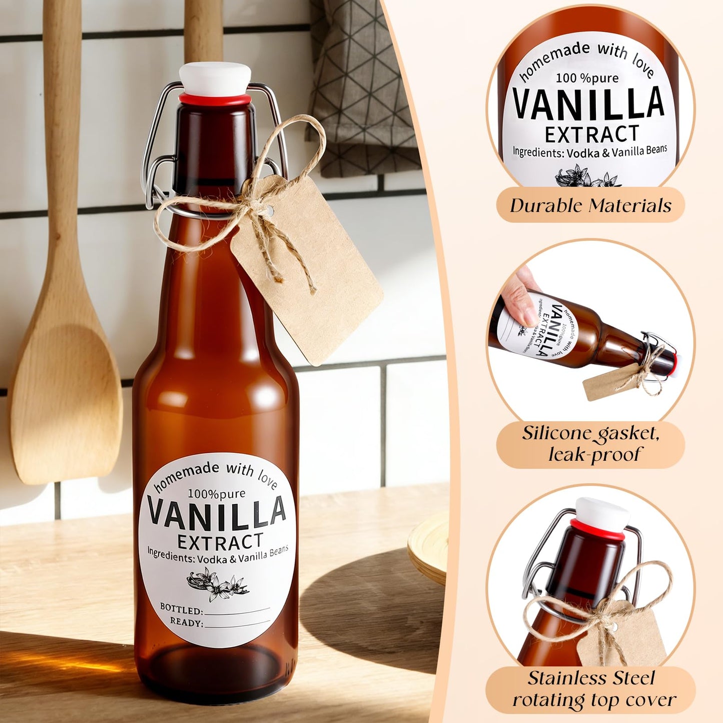 Dyrfolm 8 Pack 11 Oz Swing Top Glass Bottles Set - Glass Bottles for Vanilla Extract with Caps, Labels, Twine, Funnel & Brush, Reusable Flip Top Bottles for Home Brewing, Oil, Beer, Tea & DIY Crafts