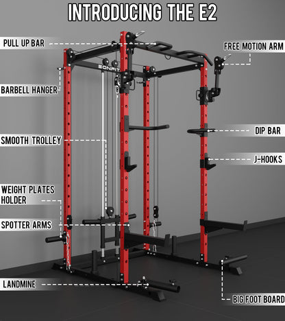 Eonfit E2 Power Cage with 3D Rotation Arms - Multi-Functional Power Rack for Home Gym. 1500lb Squat Rack for Home Gym. Pulley System for Cable Crossover & LAT Pulldown (RED, PRO)
