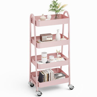 NEWBULIG 4-Tier Metal Rolling Cart with Lockable Wheels, Heavy Duty Mobile Utility Storage Shelf, Roller Book Snack Cart, Organization for Livingroom, Bathroom, Office, Pink