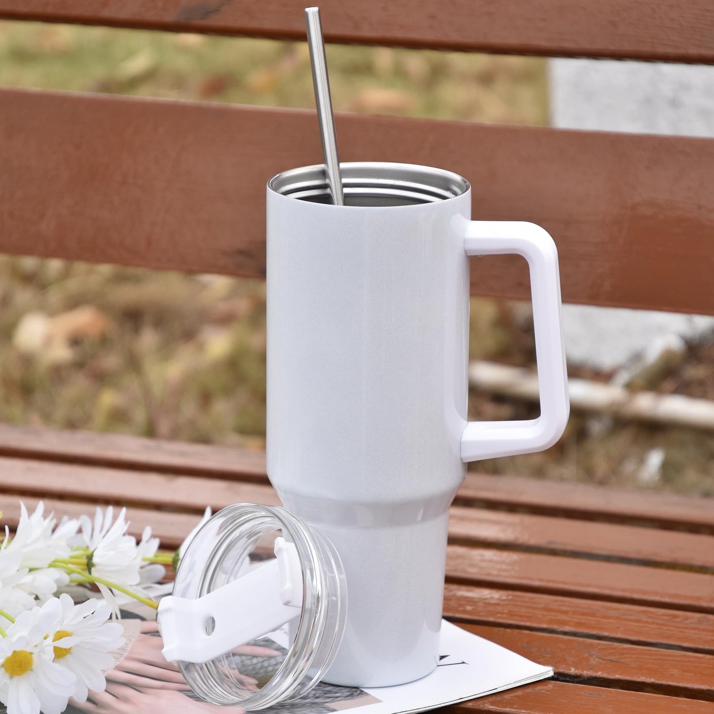 AGH 40 oz Sublimation Tumbler with Handle, 4 Pack Shimmer Glass Cups with Straw and Lid, Sublimation White Tumblers Blanks