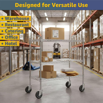 18" x 41 3/4" x 39" Commercial NSF Chrome 3 Shelf Metal Utility Cart with U-Shaped Handle - Heavy-Duty Wire Rolling Cart with Casters, Mobile Serving Storage Cart for Warehouse, Office, Kitchen