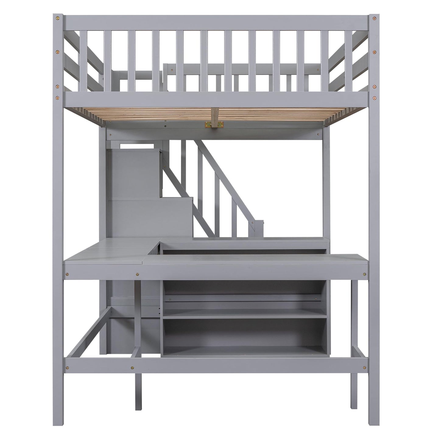 Ball & Cast Loft Bed Full Size with Built-in L-Shaped Desk and Three-Tier Storage Shelves,Wooden Bedframe w/Storager Staircase & Guardrails,Space Saving,Bedroom Furniture for Student Dorms,Gray