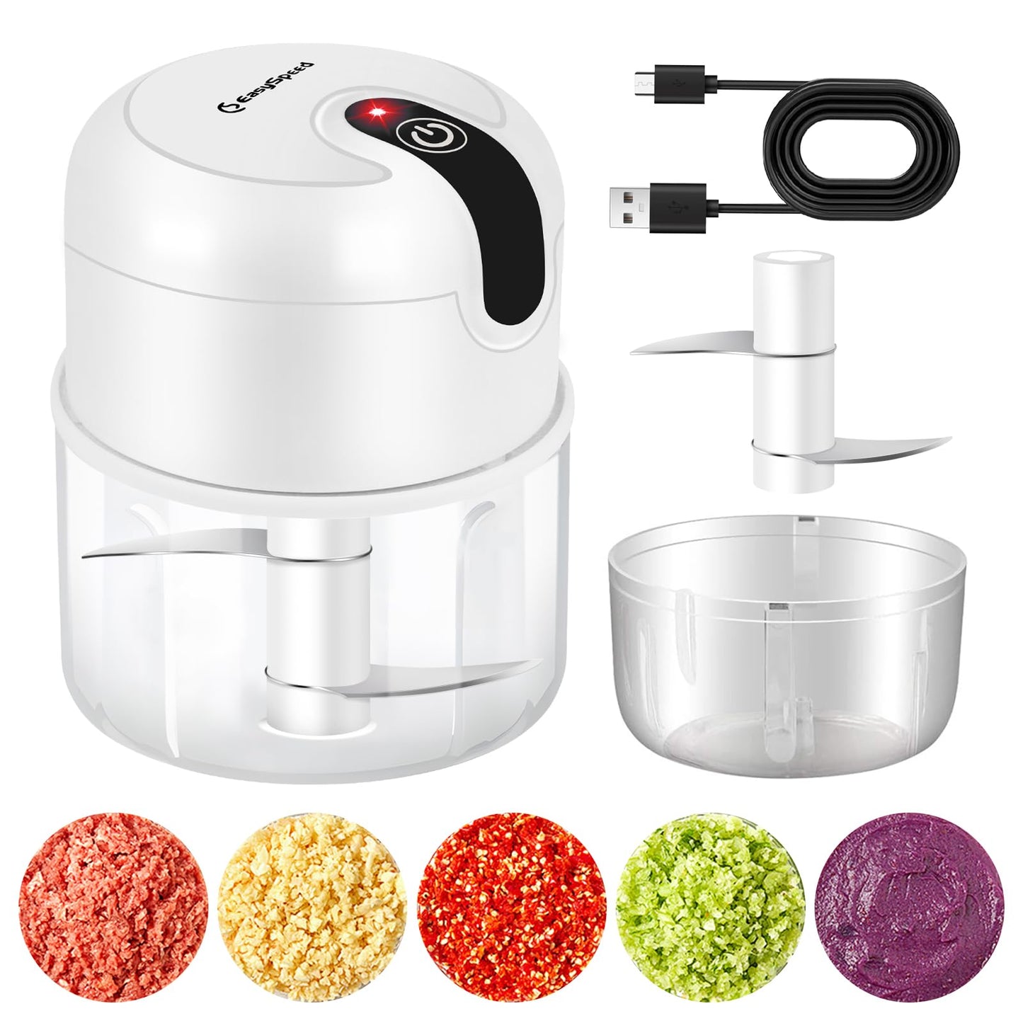EASYSPEED Electric Garlic Chopper 1Cup, Mini USB Charging Wireless Food Processor with 304 Stainless Steel, 2 Sharp Blades, Portable Kitchen Meat Grinder for Onion, Garlic, Ginger, Baby Food
