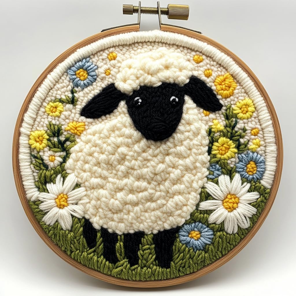 DIY Punch Needle Kits Cute Black and White Sheep Flowers Easy for Beginners Punch Needle Embroidery Set for Craft Lovers with Printed Pattern and Hoop for Home Decor 20x20cm-5