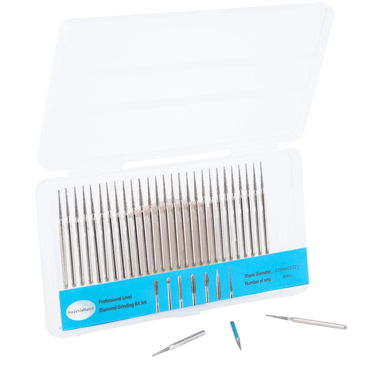 Diamond Tipped Rotary Tool Burr Bits, Tapered Grinder Burr 3/32inch Shank, Grinding Engraving for Stone Carving Tools Pack of 30Pcs
