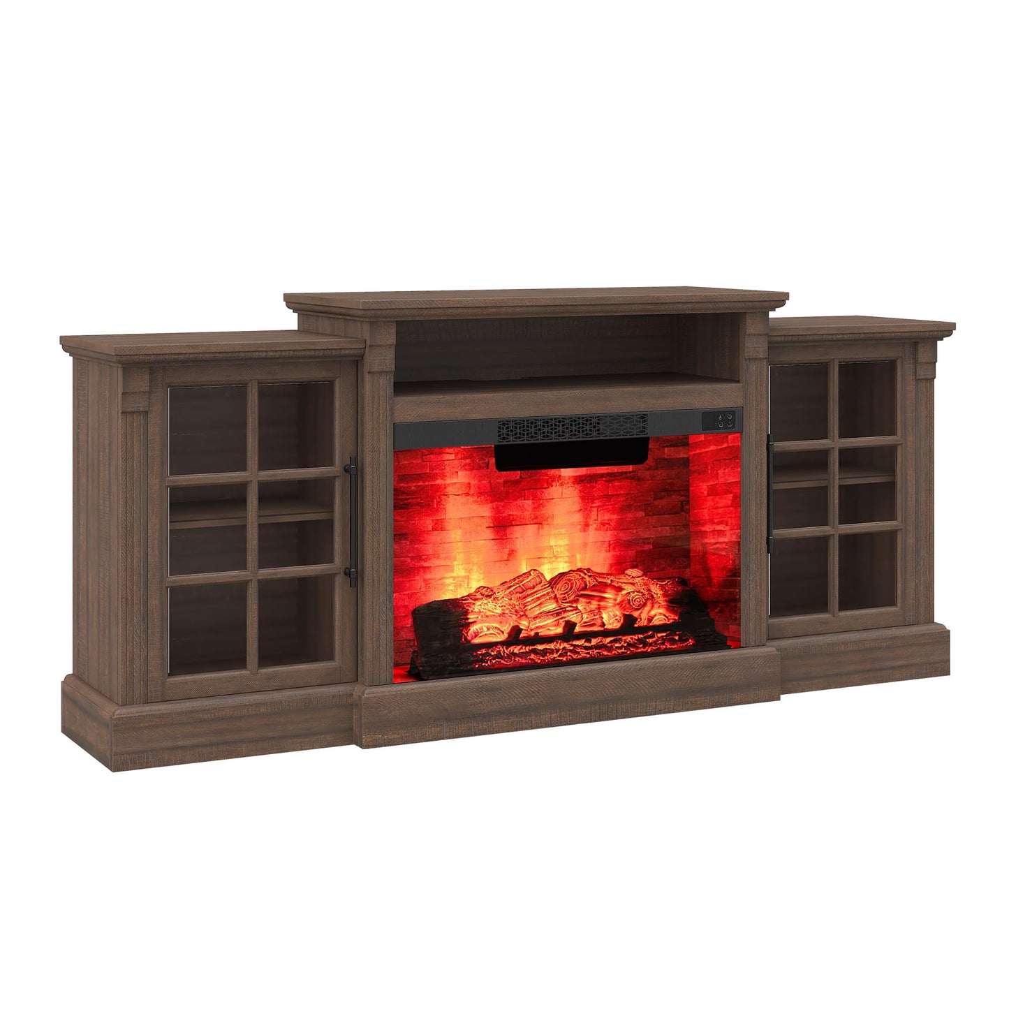 AMERLIFE 70" Farmhouse Fireplace TV Stand for TVs up to 80", Media Console with Storage Cabinets & Adjustable Shelves, Entertainment Center with 28" Electric Fireplace for Living Room, Rustic Brown