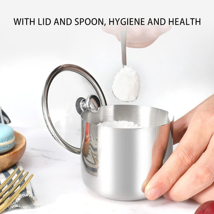 Stainless Steel Sugar Bowl with Clear Lid and Spoon, Polished Shiny Condiment Pot for Serving Sugar, Pepper, Salt,
