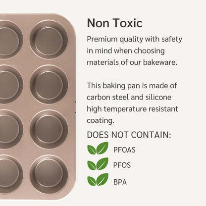 HAPPIELS Non Toxic Nonstick 12 Cup Muffin Pan | PFOA BPA free Nontoxic Cupcake Tin | Best Non Stick Muffin Pans | Muffin tins | Cupcakes Tray | Carbon Steel Bakeware Mold Trays