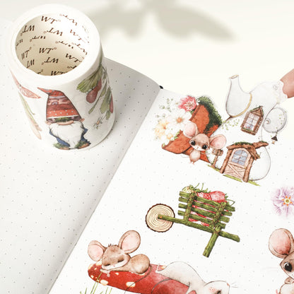 WT Pre-Cut Squeaky Mischief Wide PET Tape, 1 Roll, Original Playful Cartoon Mice & Whimsical Garden Designs, Transparent Clear Adhesive Tape for Scrapbooks, Junk Journals, Planners, DIY Crafts & Gifts
