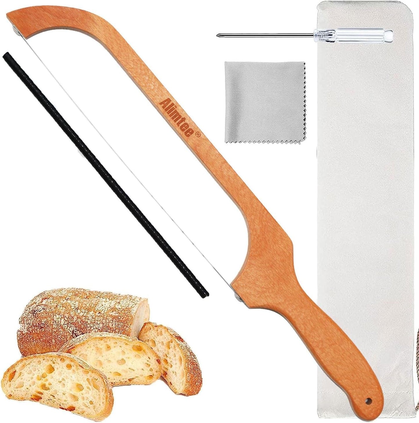 16" Wooden Serrated Bread Knife for Homemade Bread, Fiddle Bow Design Sourdough Cutter, Premium Stainless Steel Gift