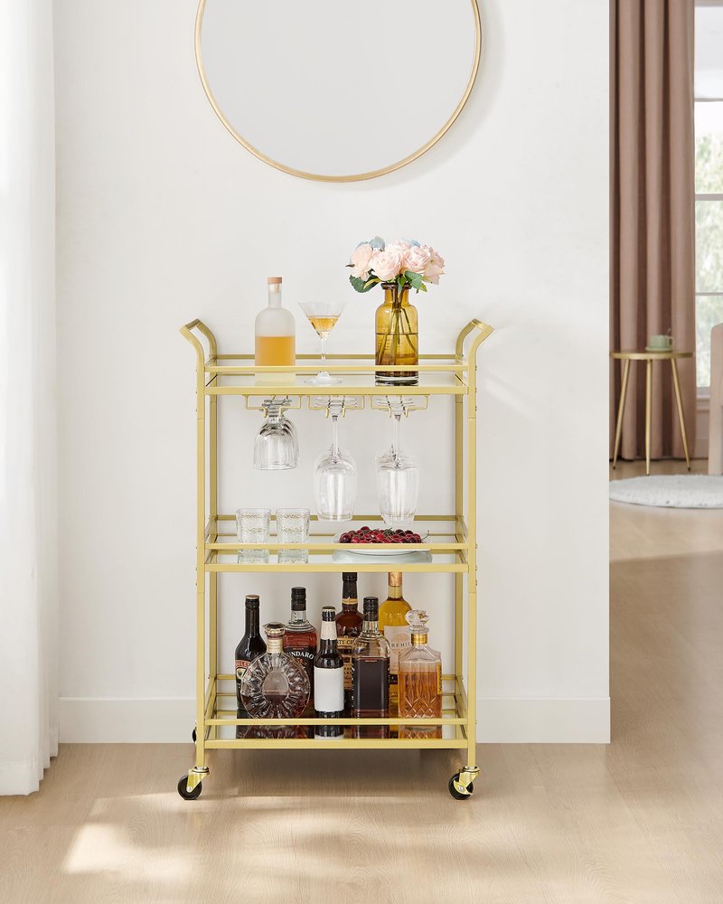 VASAGLE Bar Cart Gold, Small Home Bar Serving Cart with 3-Tier Mirrored Shelf, Wine Holders, Glass Holders, for Small Spaces, Kitchen, 15 x 23.6 x 36.2 Inches, Gold ULRC100A01