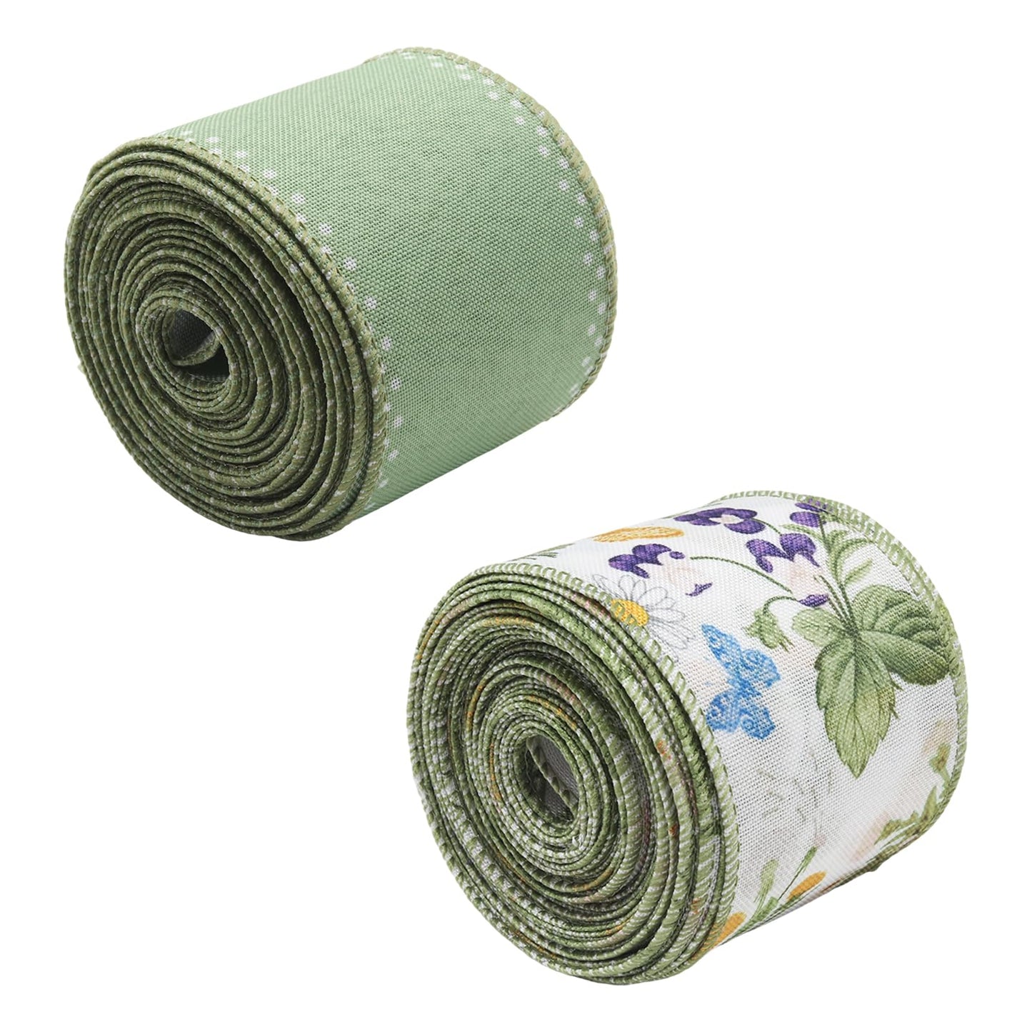 OYWOBET Green Wired Edge and Retro Wild Floral Craft Ribbon, Spring Fabric Botanical Decor Ribbon for Wreath Bow Making DIY Wrapping Party Decor Supplies(2 Rolls,10 Yards Per)