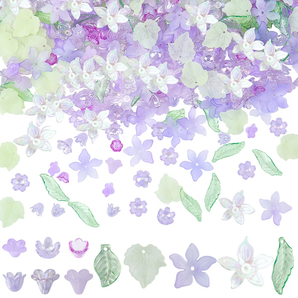 BEAMARKER 500Pcs Acrylic DIY Flower Leaf Beads Kits Including Assorted Purple Flower Loose Beads Maple Leaf Pendants Charms Acrylic Floral Caps for Earring Bracelet Necklace Craft Jewelry Making