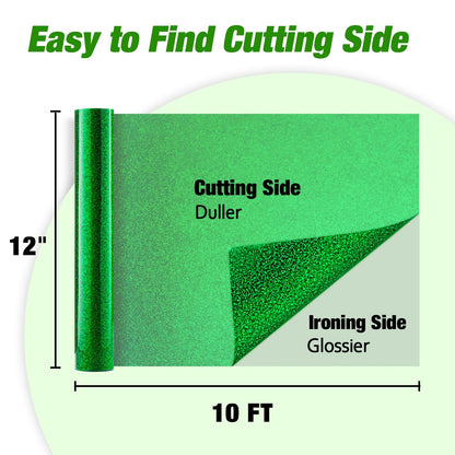VinylRus Green Glitter HTV Heat Transfer Vinyl Roll-12 x 10ft Green Glitter HTV Vinyl for T-Shirt Clothing Bags,Glitter Iron on Vinyl for All Cutter Machine - Easy to Cut and Weed