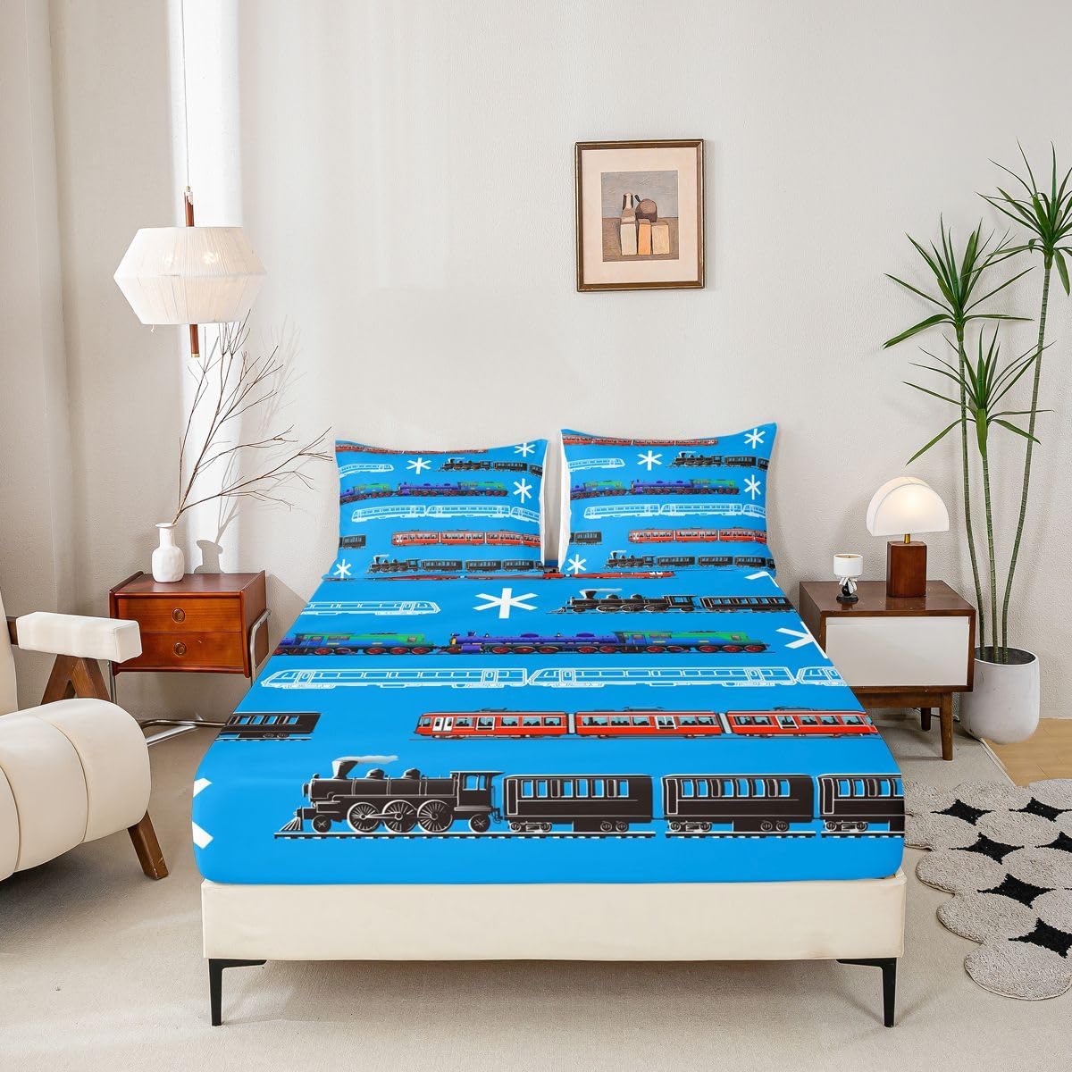 Set Set 4Pcs Feelyou Train Kids Boys Bed Sheets Retro Steam Engine Toddler Sheet for Teens Railway Track Transport Bed