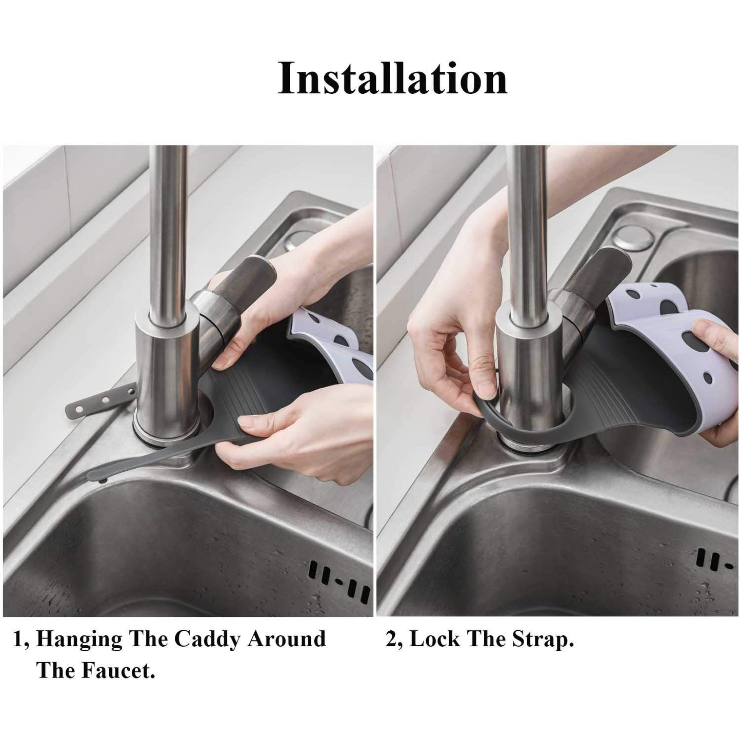 UNIKON 2 Pack Sink Caddy Sponge Holder Organizer, Hanging Kitchen Adjustable Strap Faucet Caddy, White