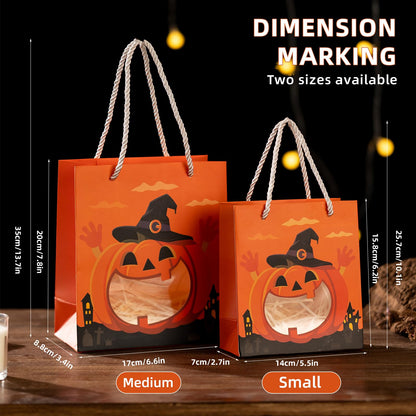 CcXxMming 30 PCS Halloween Treat Bags with Handles and Raffia Grass, 3 Designs Pumpkin Ghost Bat, Small & Medium Sizes, Halloween Candy Goodie Bags with Transparent Window, Party Favor Bags（Medium）