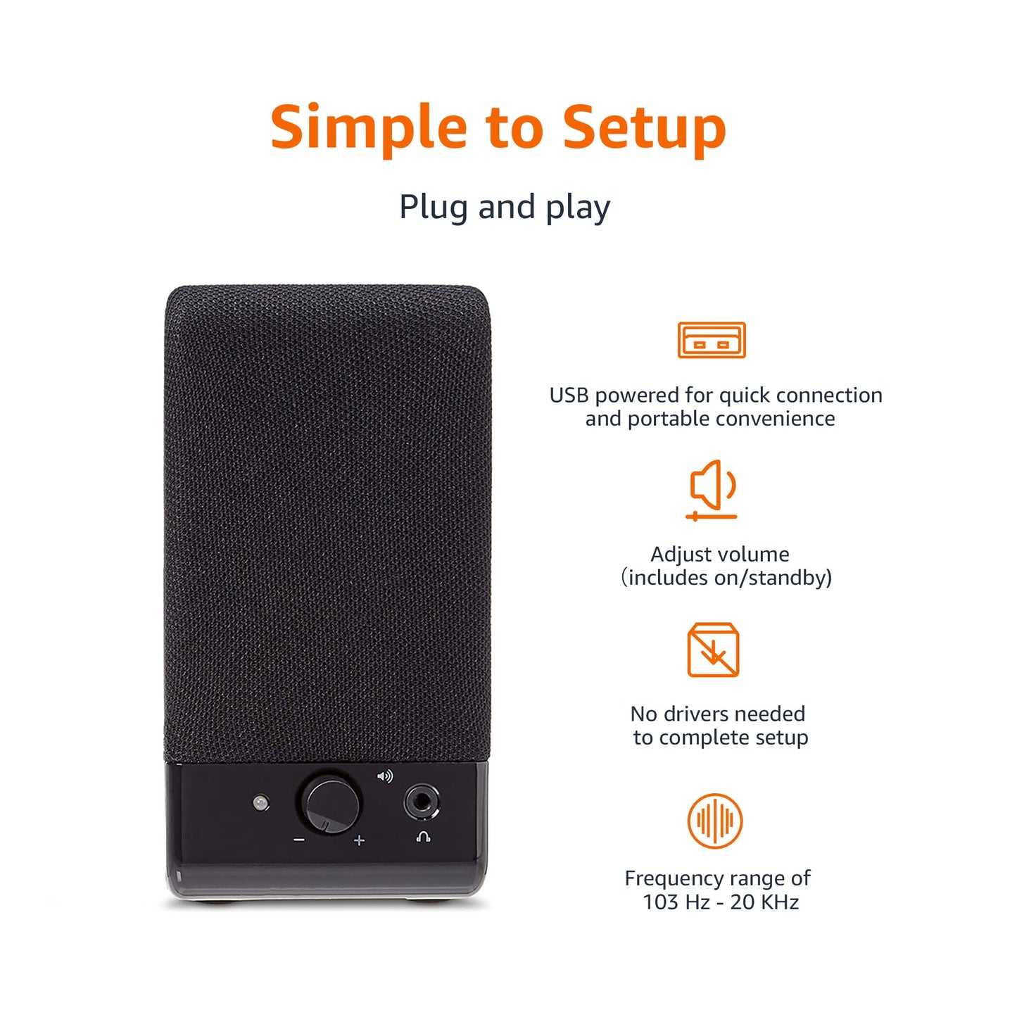 Amazon Basics USB-Powered Computer Speakers for Desktop or Laptop PC with Volume Control, Plug-N-Play, Black