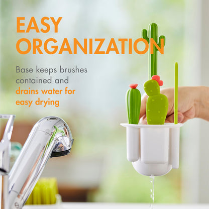 Boon Cacti Bottle Cleaning Brush Set - Includes Bottle Brush, Nipple Brush, Detail Brush, and Straw Brush - Baby Bottle Brush Set for Bottle Drying Rack - Baby Essentials - 4 Count