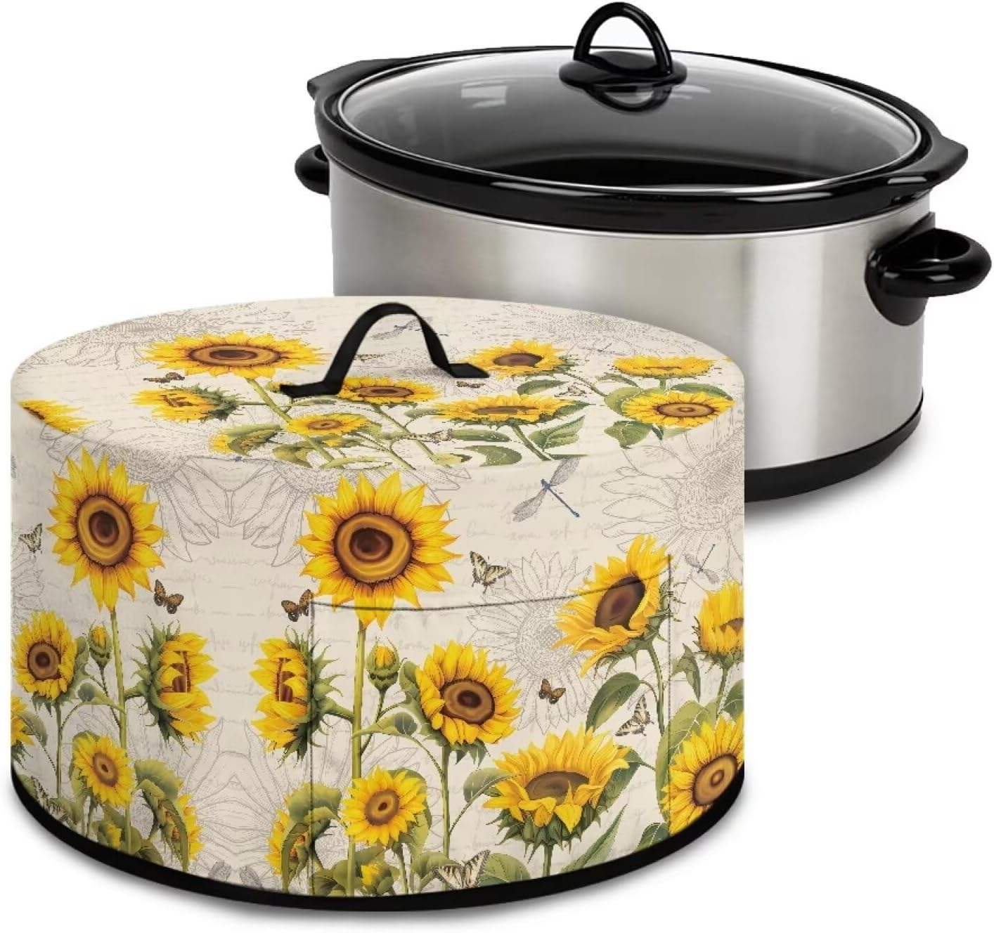 Kitchen Appliance Dust Covers for 6 7 8 Quart Slow Cooker, Sunflower Butterfly Oval Design, Pocket for Clean Kitchen
