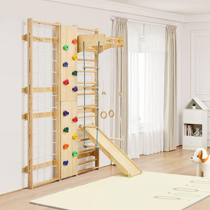 VEVOR Swedish Ladder Wall Gym, 9-in-1 12-Level Solid Wood Gymnastic Stall Bars for Kids Adults, 220LBS Indoor Jungle Gym with Rock Climbing Wall, Gym Rings, Pull-Up Bar, Climbing Board, Slide, Swing