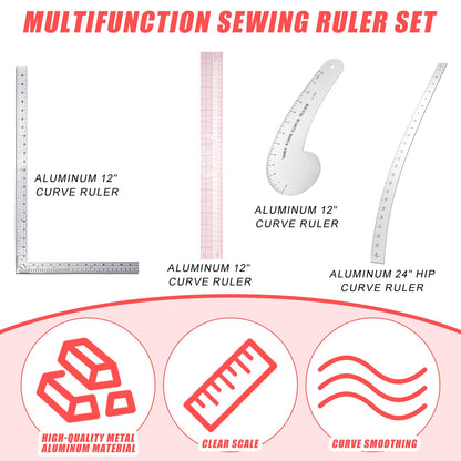 Xuhal 4 Pcs Back to School Fashion Sewing Ruler with French Curves Aluminum Designers Ruler Kit Includes Curve, Hip, L Square and Plastic Grading for Design Crafts Sewing