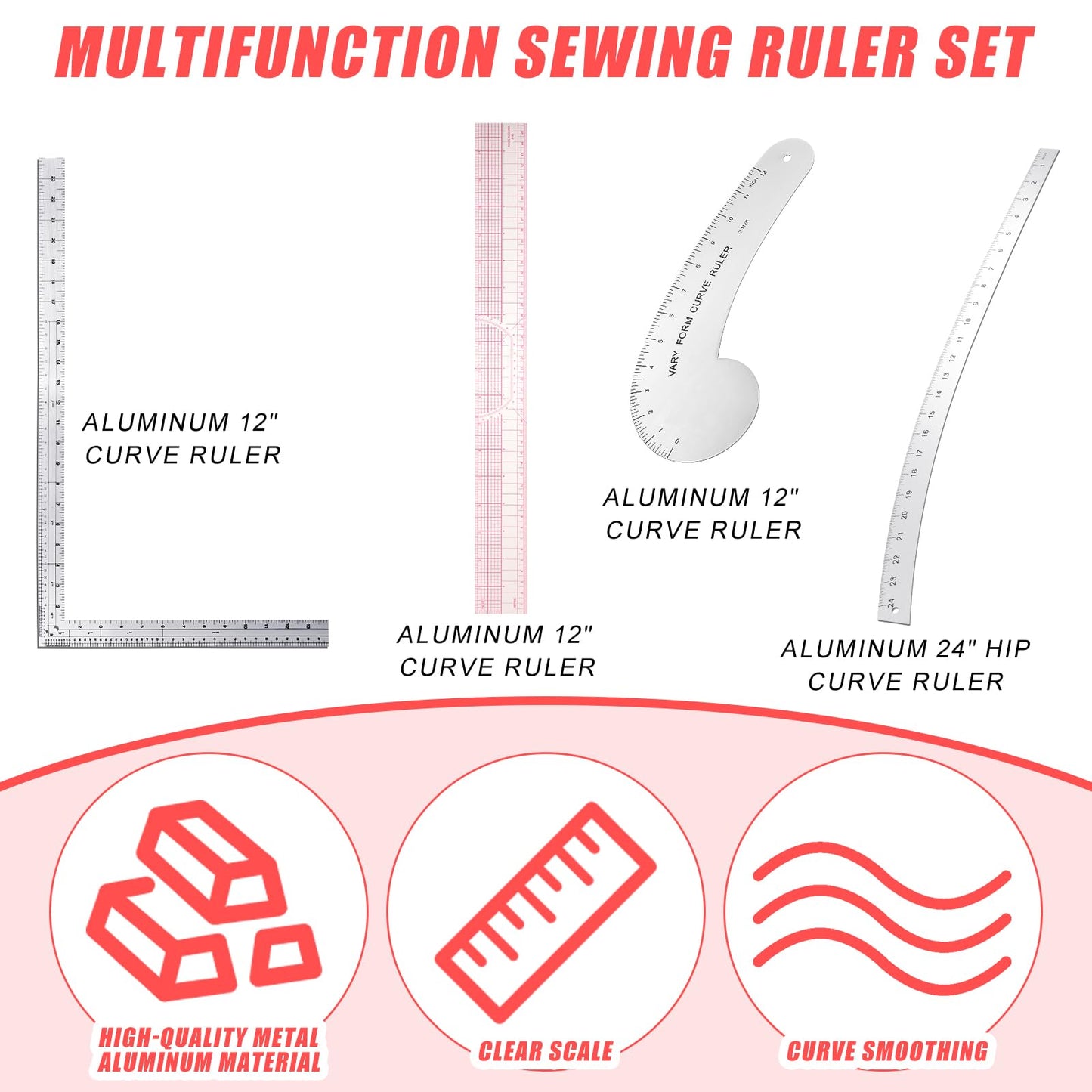 Xuhal 4 Pcs Back to School Fashion Sewing Ruler with French Curves Aluminum Designers Ruler Kit Includes Curve, Hip, L Square and Plastic Grading for Design Crafts Sewing