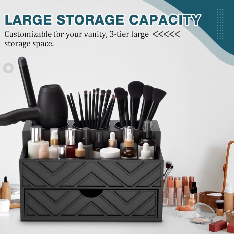 AceOrbit Hair Tool Organizer with Drawer, Hair and Makeup Bathroom Vanity Organizers and Storage Fits Blow Dryer, Curling Iron, Makeup Brushes, Skincare, Hot Tools Organizer for Tidy Counter(Black)