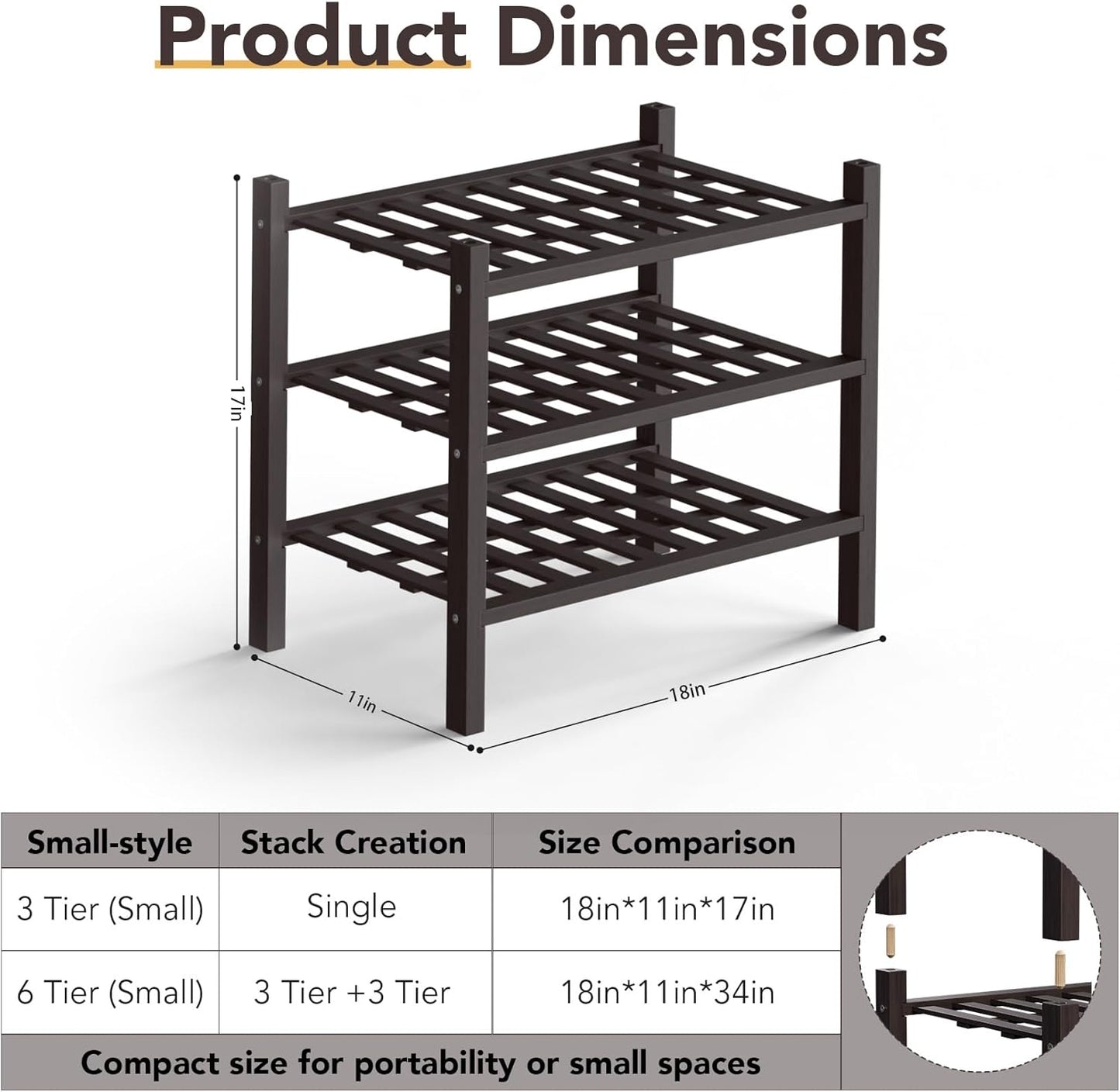 3 Closet,Hallway,Entryway,Small 18"x11"x17" Haddockway Small Tier Bamboo Shoe Rack Storage Organizer, Multifunctional