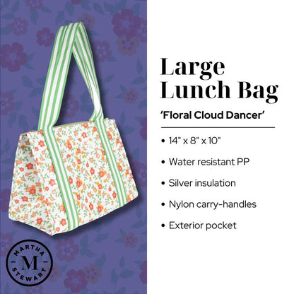 Martha Stewart Large Lunch Bag, Insulated Lunch Box for Women, Small, Water-Resistant with Comfortable Carry Straps, Small Cooler Measures 14" x 8" x 10", Floral Cloud Dancer
