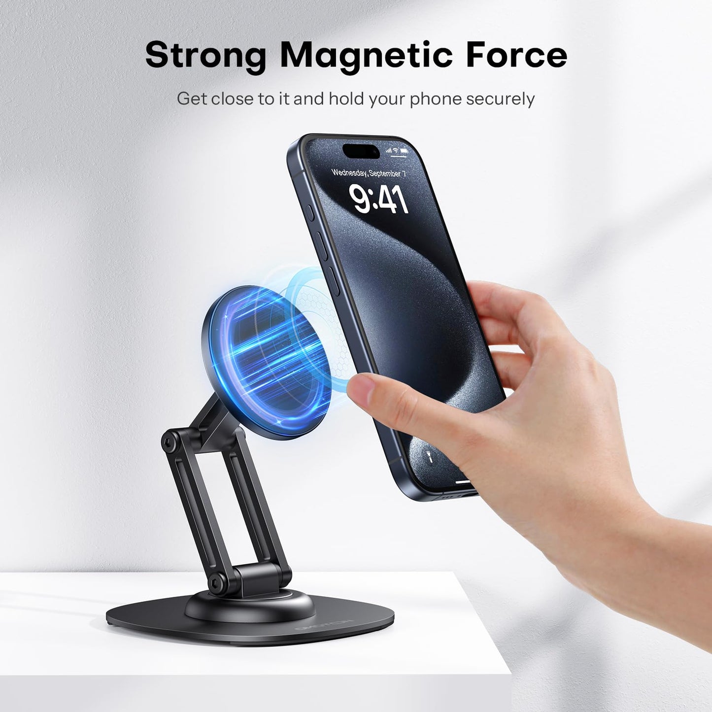 OMOTON 360°Rotating Magnetic Phone Stand for Desk, Adjustable Foldable Aluminum for MagSafe Cell Phone Stand Holder with Non-Slip Base, for iPhone 17/16/15/14 Pro Max Air/MagSafe Case- Black