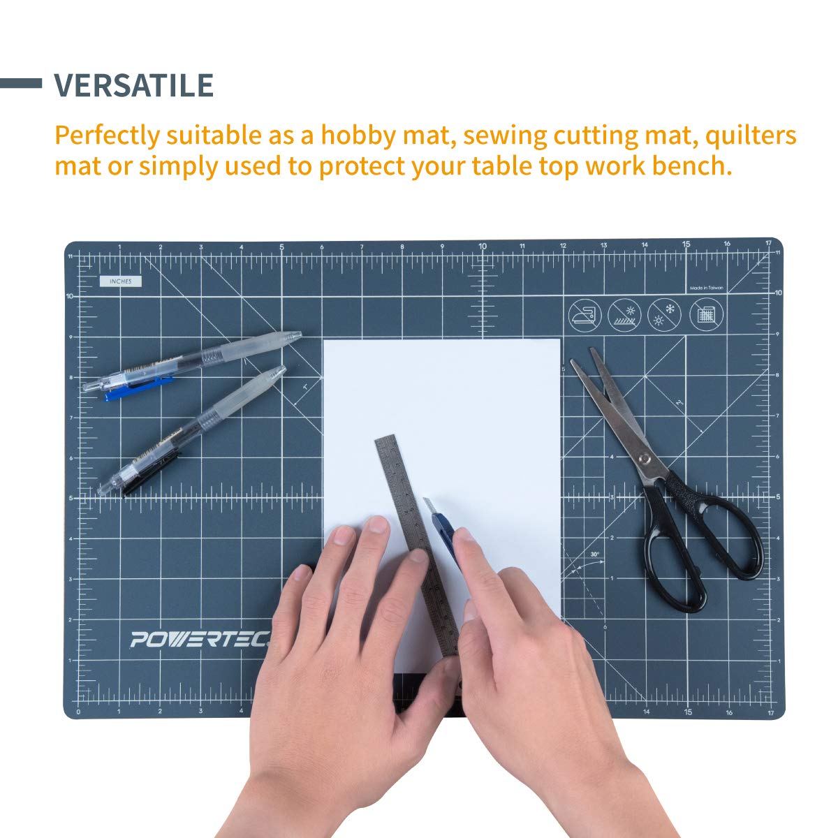 POWERTEC 61001 12" x 18" A3 Non-Slip Double Sided Rotary Cutting Mat with Grid, Table Protector for Crafting, Sizing, Tracing, Sewing, Quilting, Scrapbooking, Arts and Crafts Woodworking